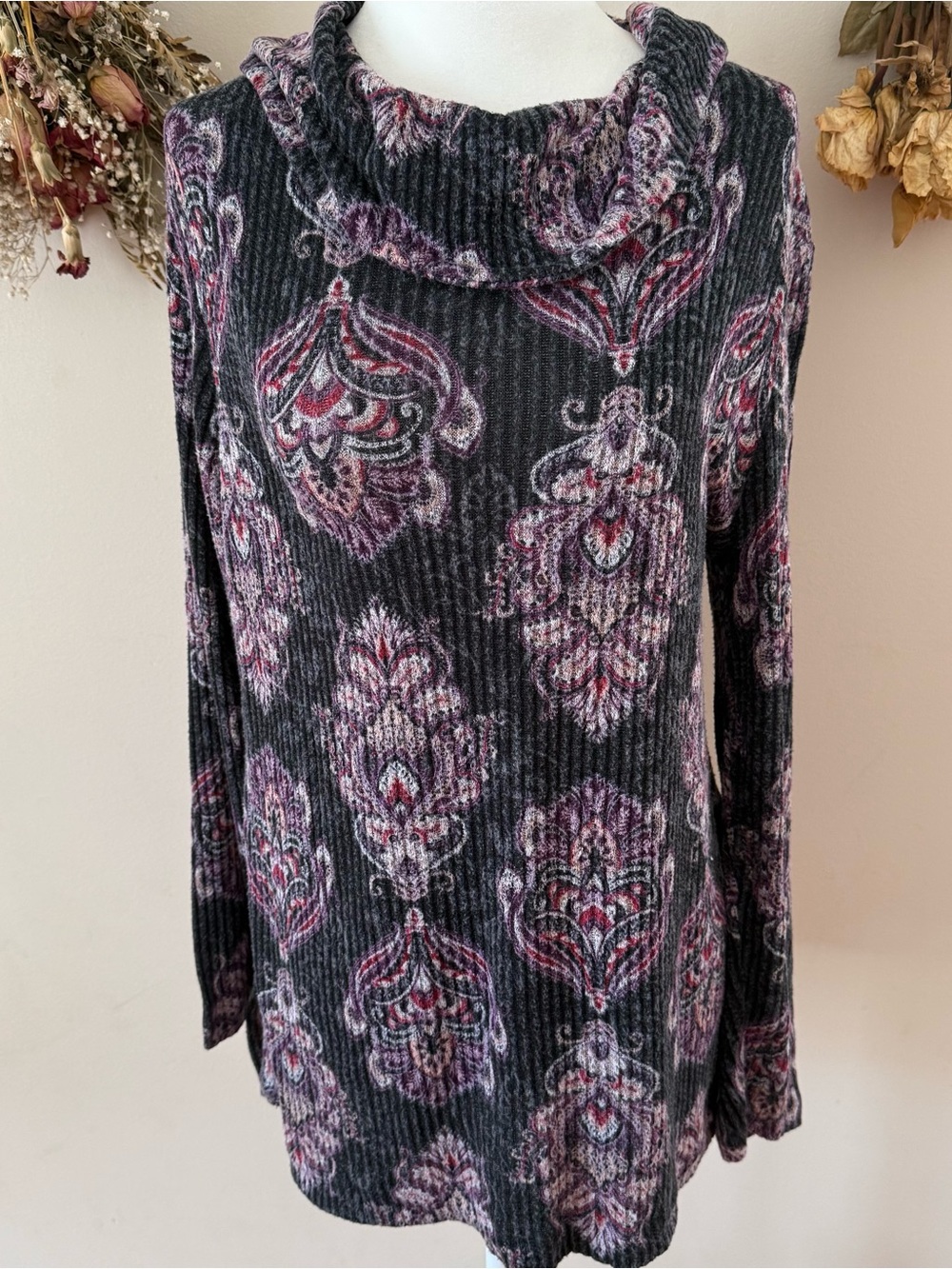 Fairygrunge Cozy Charcoal Cowl Sweater with Plum Medallion Print